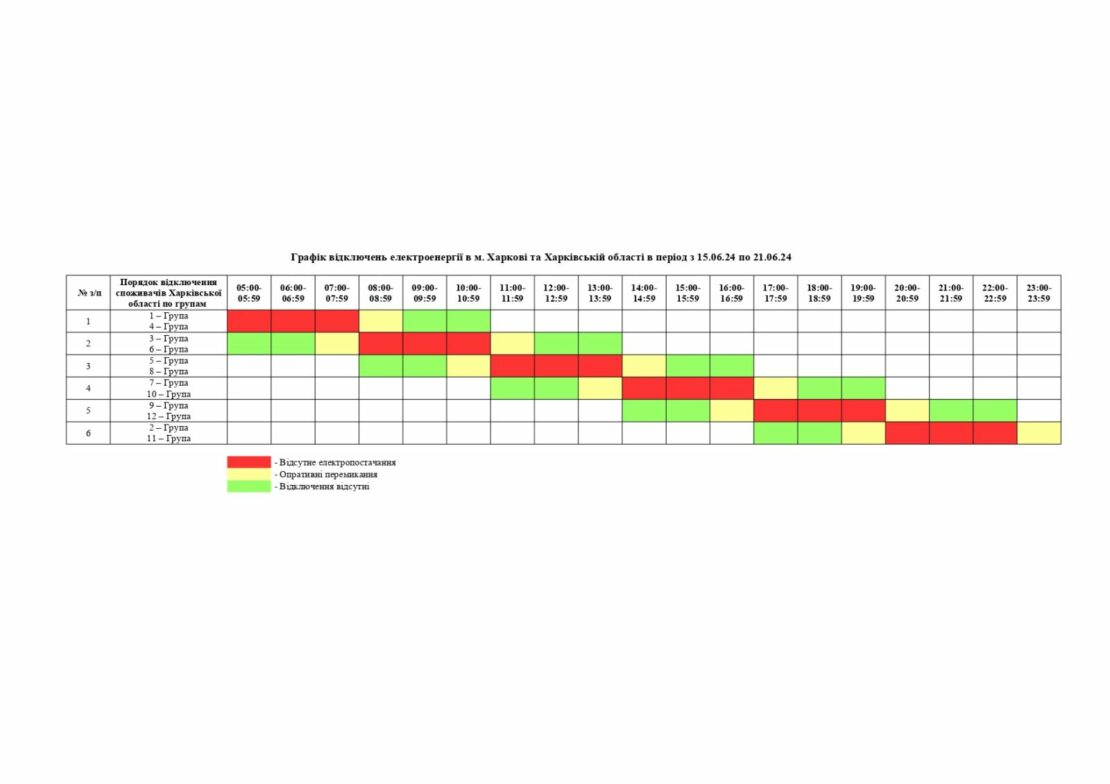 Графік відключення світла у Харкові та області з 15 по 21 червня
