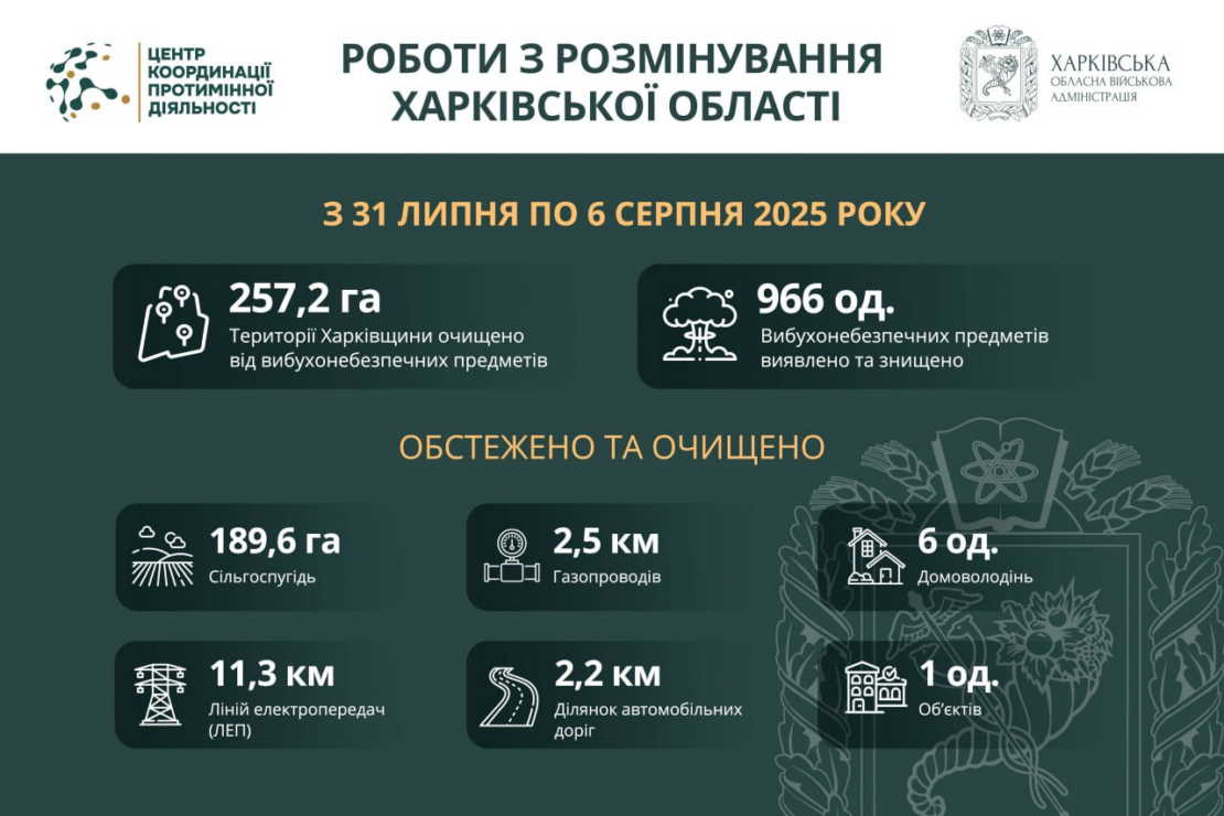 Розмінування на Харківщині: знешкоджено 966 вибухонебезпечних предметів за тиждень