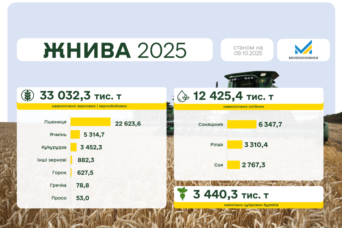 В Україні зібрали понад 55 млн тонн зернових та олійних культур