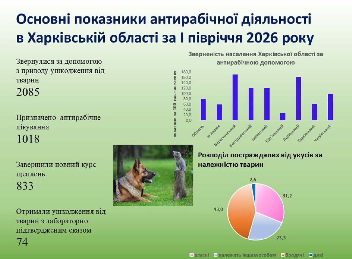 За перше півріччя 2026 року антирабічну допомогу отримали 1018 жителів Харківщини